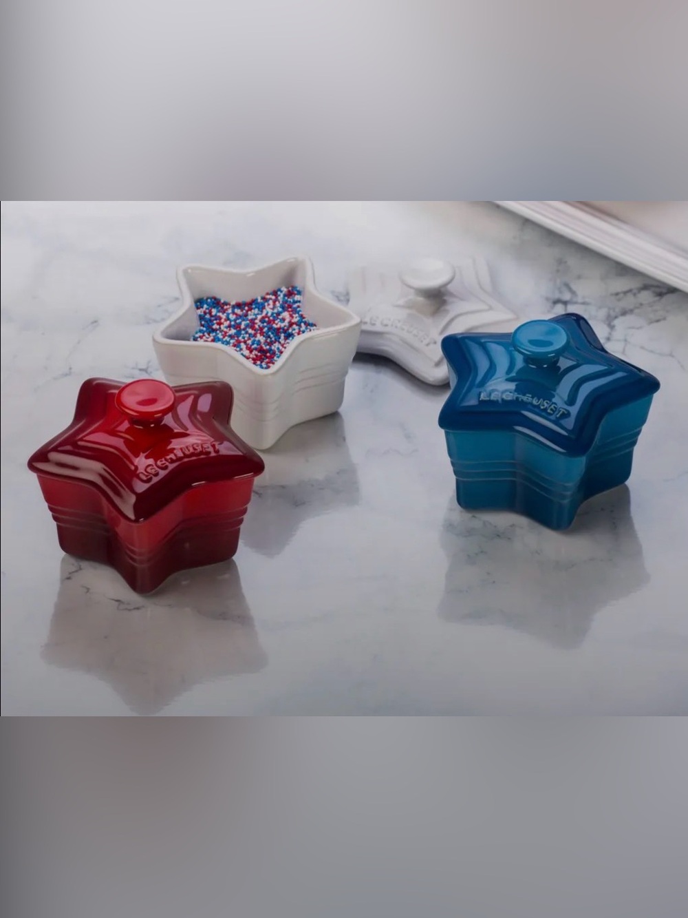 Le Creuset Star Mini Ramekins with Lids, Stonewear Set of 3 - Red, Blue & White